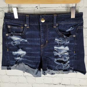 AMERICAN EAGLE | Hi-Rise Shortie distressed destroyed frayed denim jean shorts